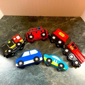 Wooden Train and Car Set - Red, Blue, Yellow